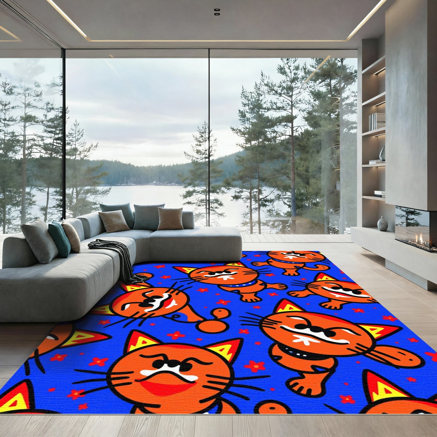Orange Whimsical Happy Cat Collage Rug