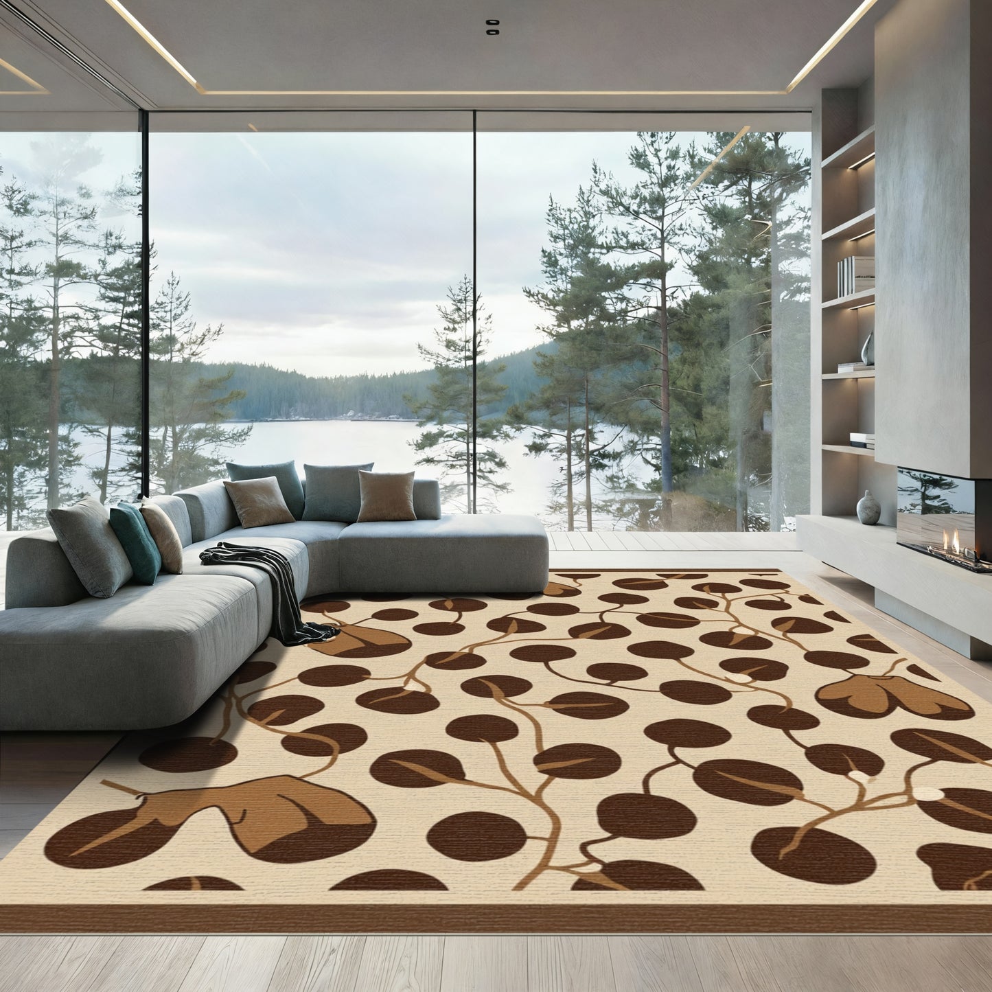 Brown Moth White Pods Swirl Rug
