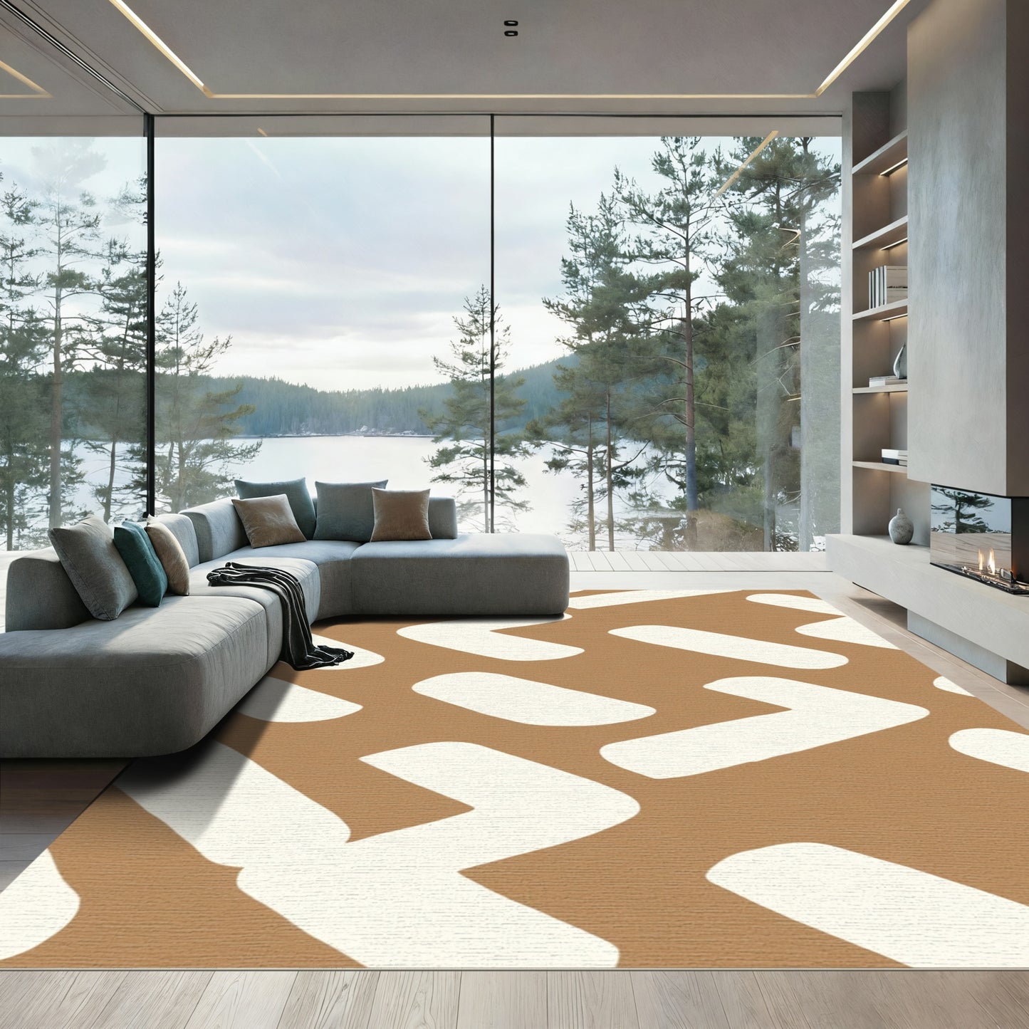 Tan White Abstract Geo Rug