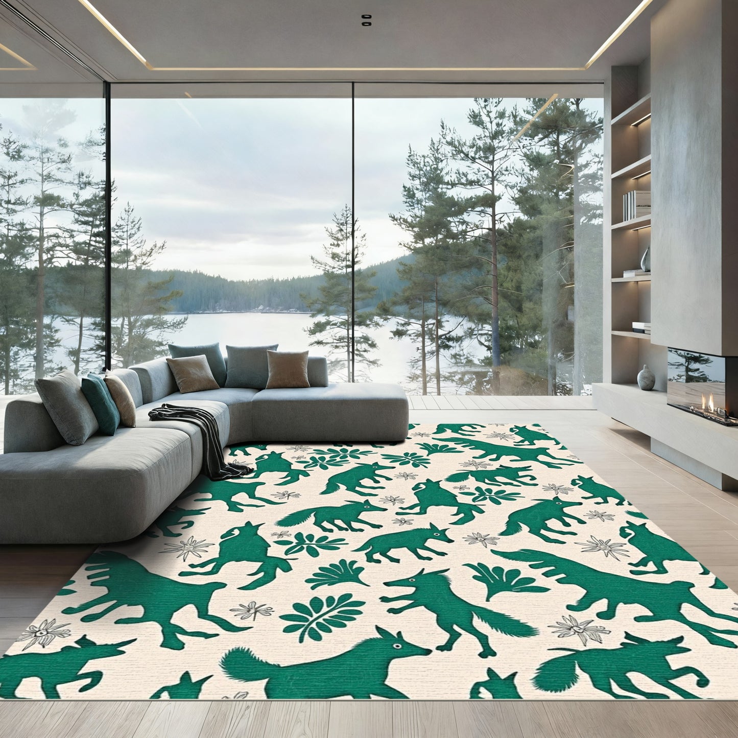 Emerald Green Fox Botanical Meadow Rug