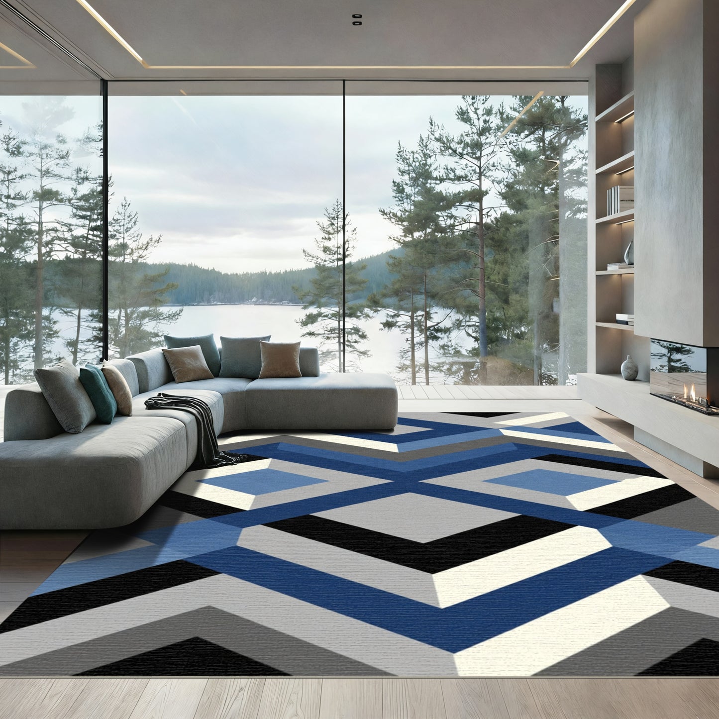 Modern Blue Geometric Diamond Assemblage Rug