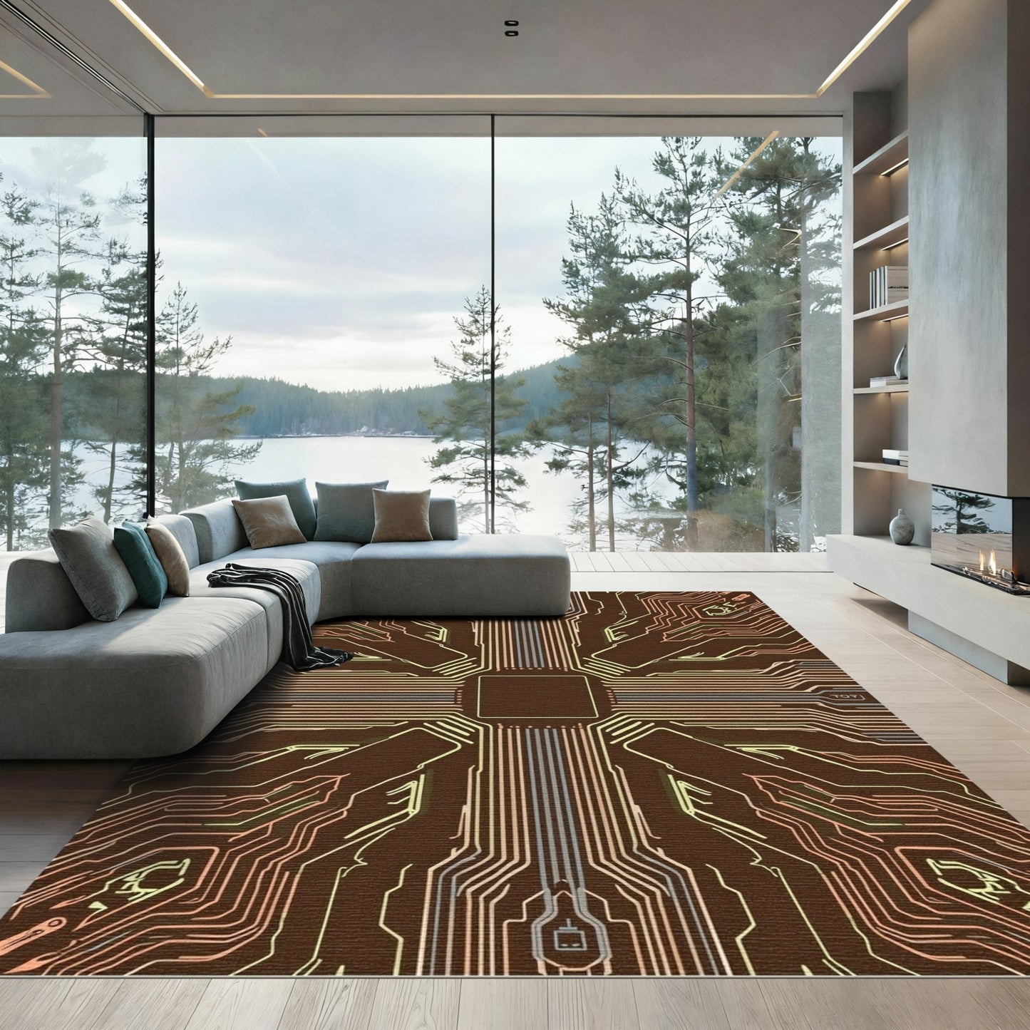 Circuit Board Lines Copper Gold Rug