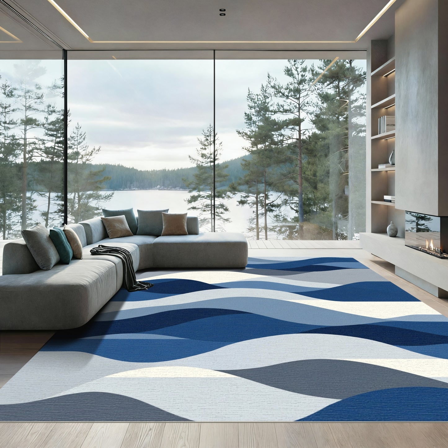 Deep Blue Abstract Wave Landscape Rug