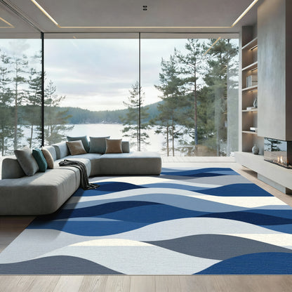 Deep Blue Abstract Wave Landscape Rug