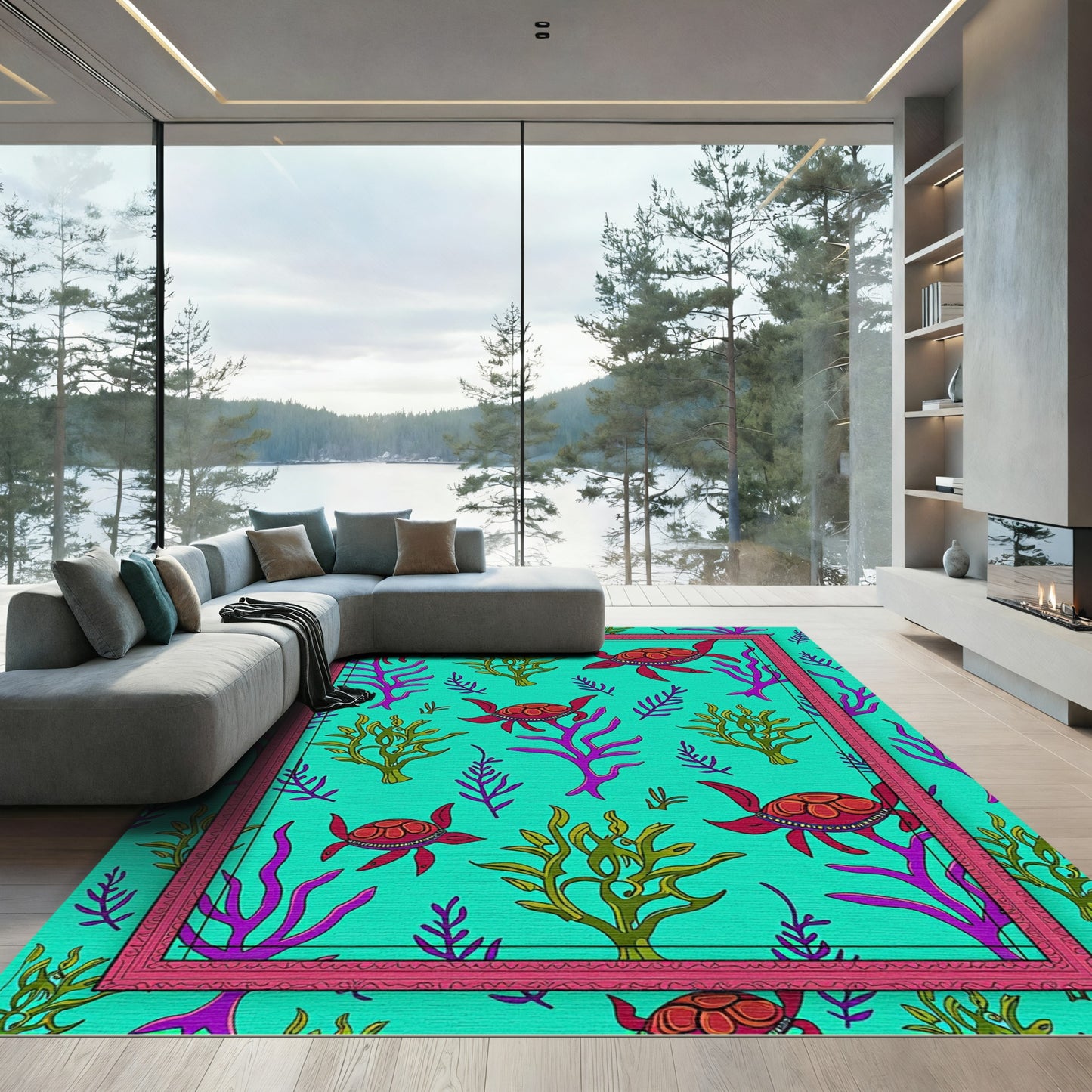 Aqua Turtle Ocean Coral Garden Rug