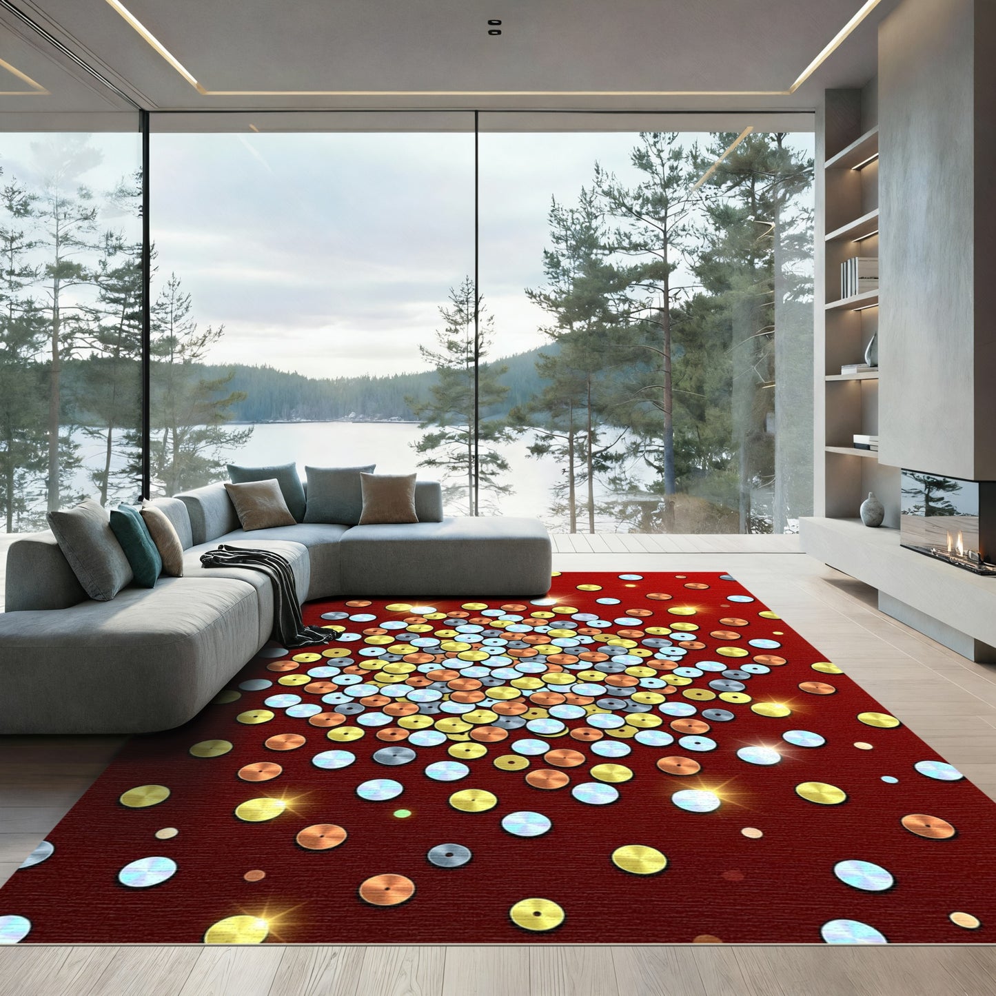 Red Scattered Metallic Circles Sparkle Rug