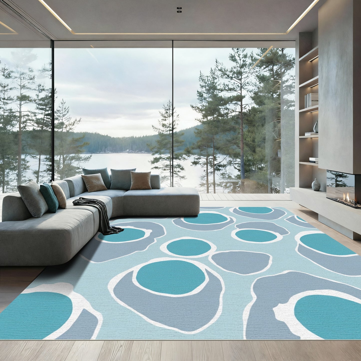 Cool Blue Scattered Organic Shapes Rug