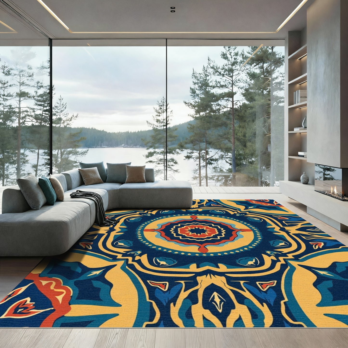 Navajo Inspired Blue Gold Floral Medallion Rug