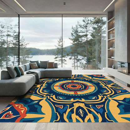 Navajo Inspired Blue Gold Floral Medallion Rug