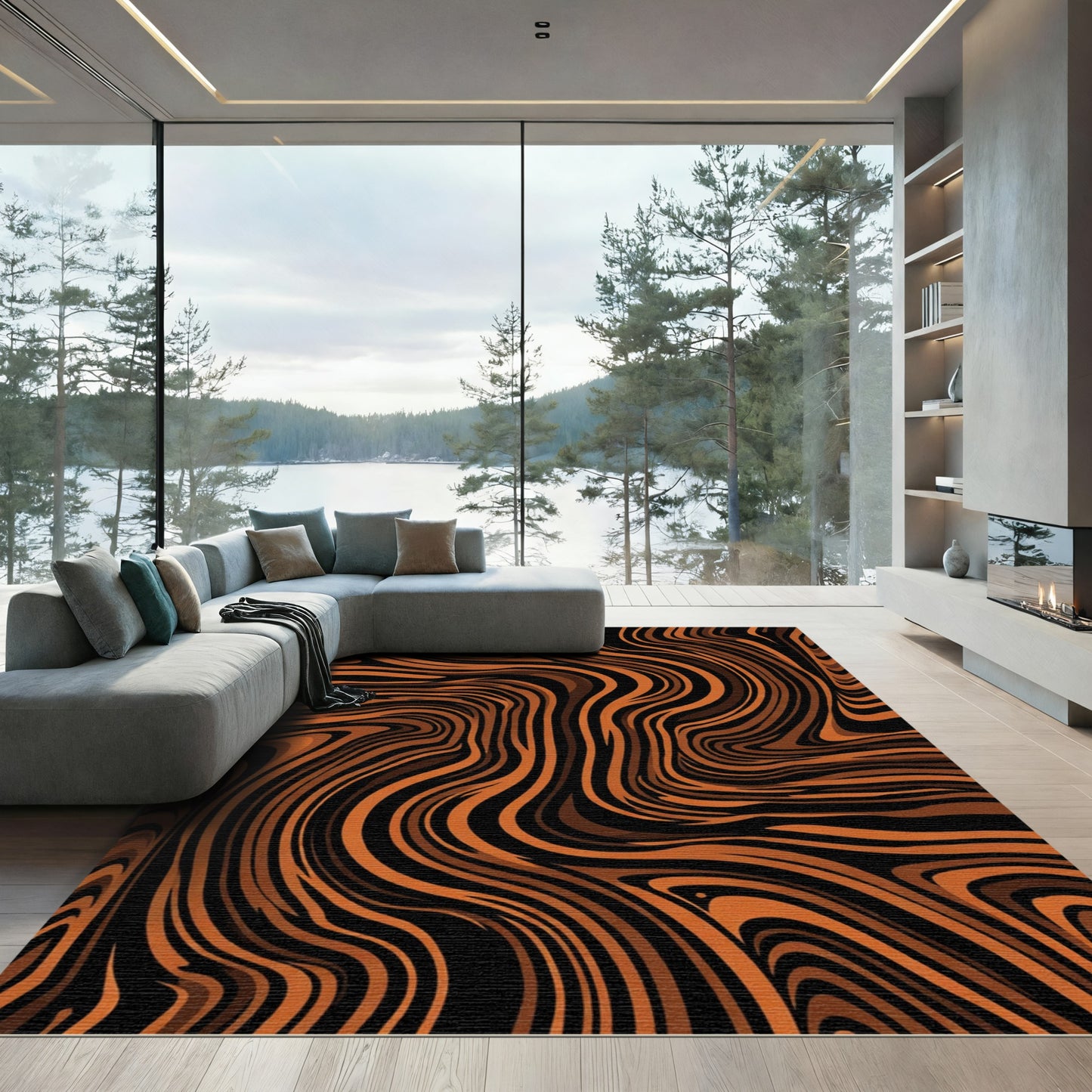 Rich Orange Black Swirl Rug