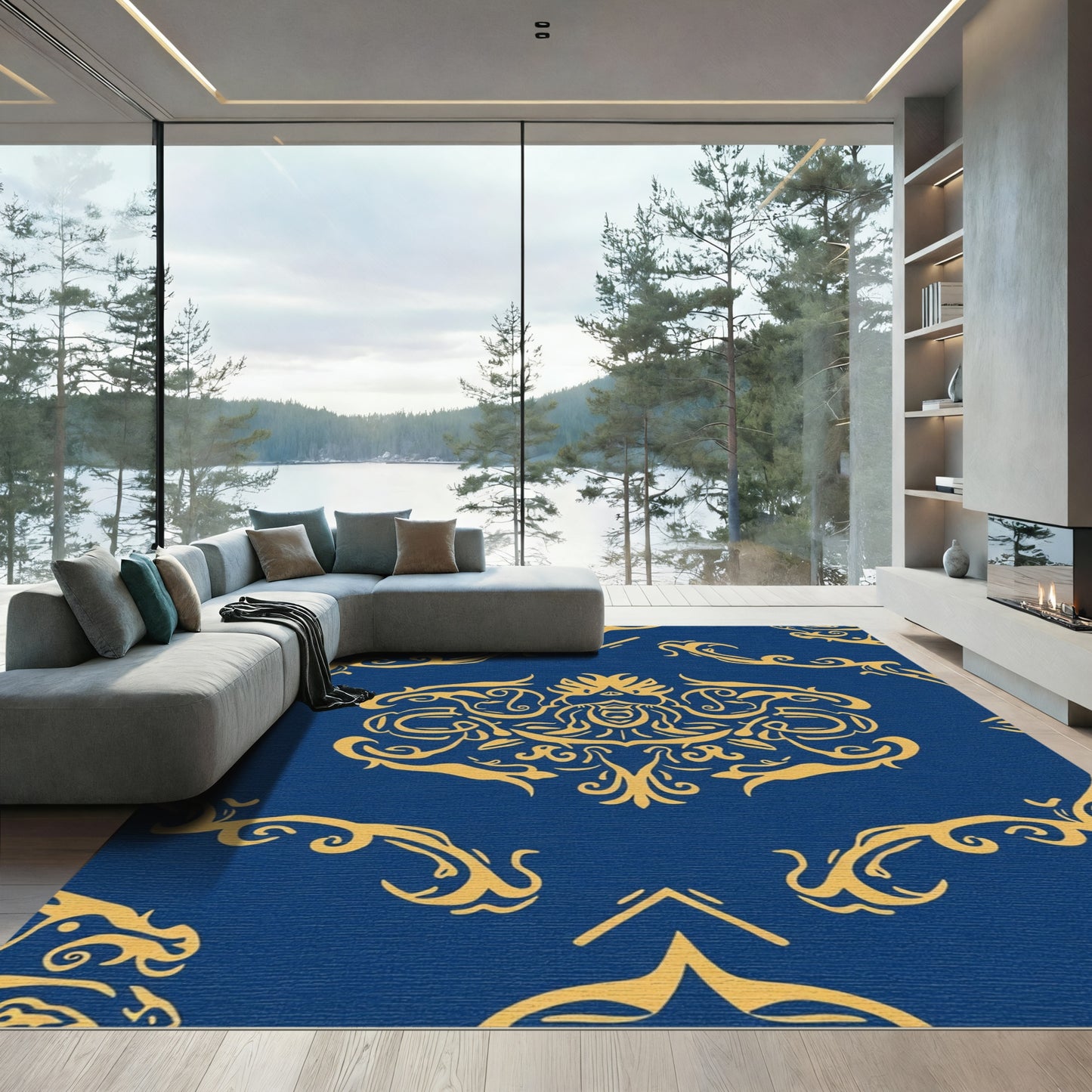 Royal Blue Gold Vintage Scroll Rug