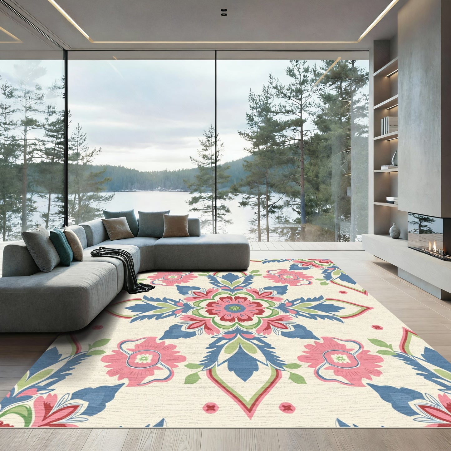 Pink Blue Floral Medallion Ivory Rug