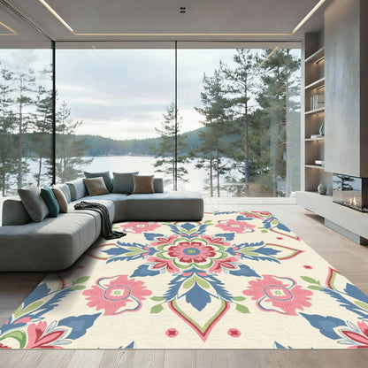 Pink Blue Floral Medallion Ivory Rug