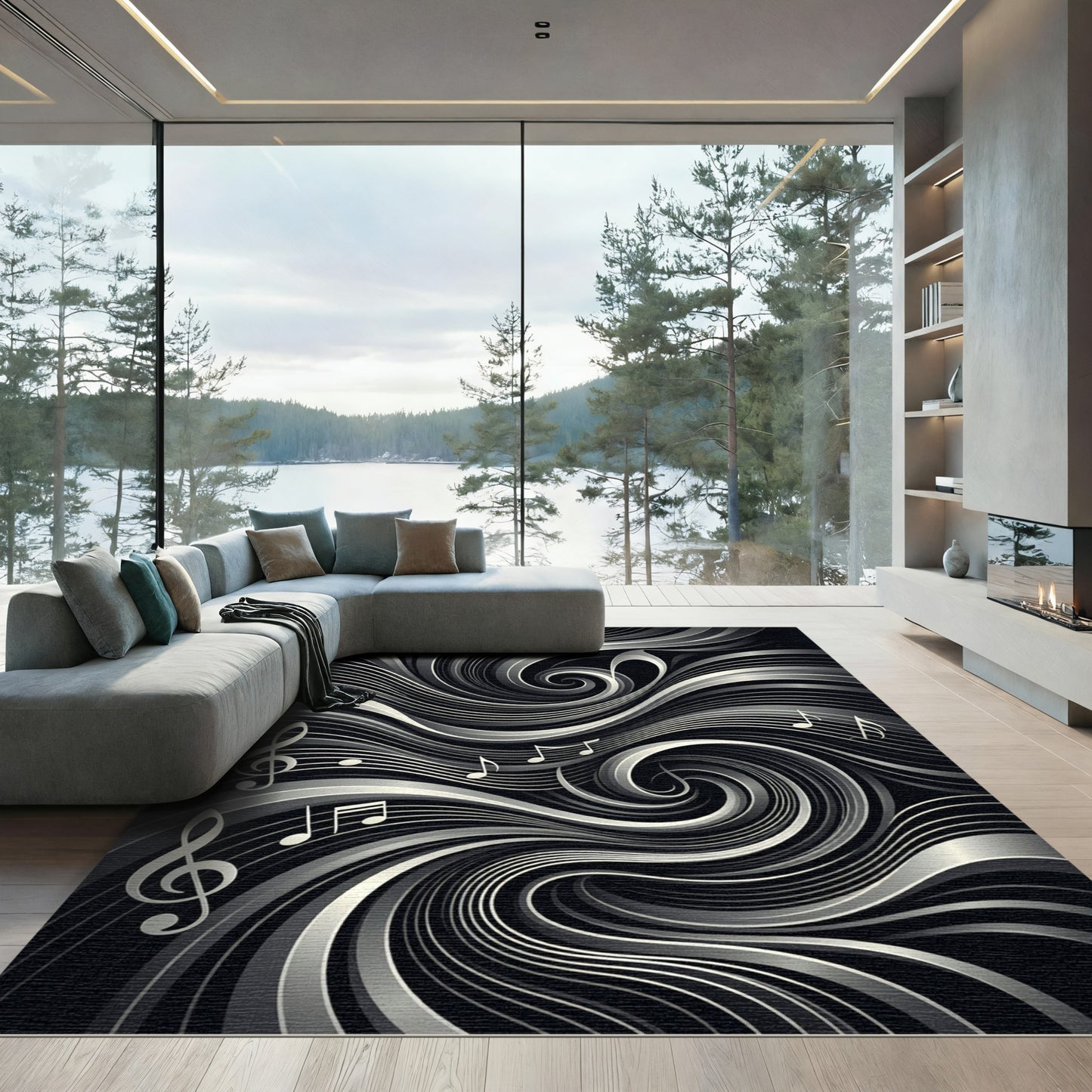 Monochrome Swirl Music Notes Rug
