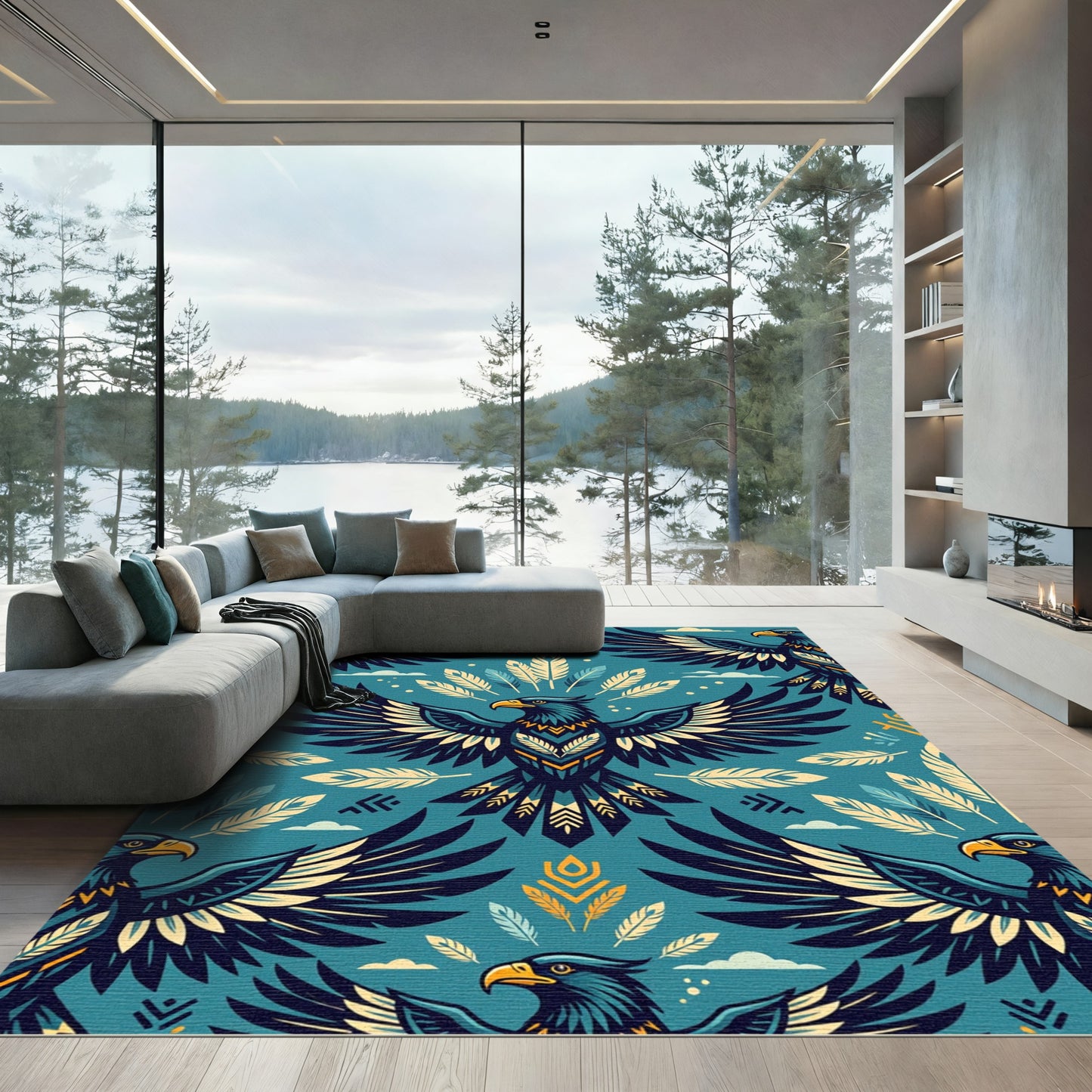 Teal Eagle Tribal Feather Art Rug