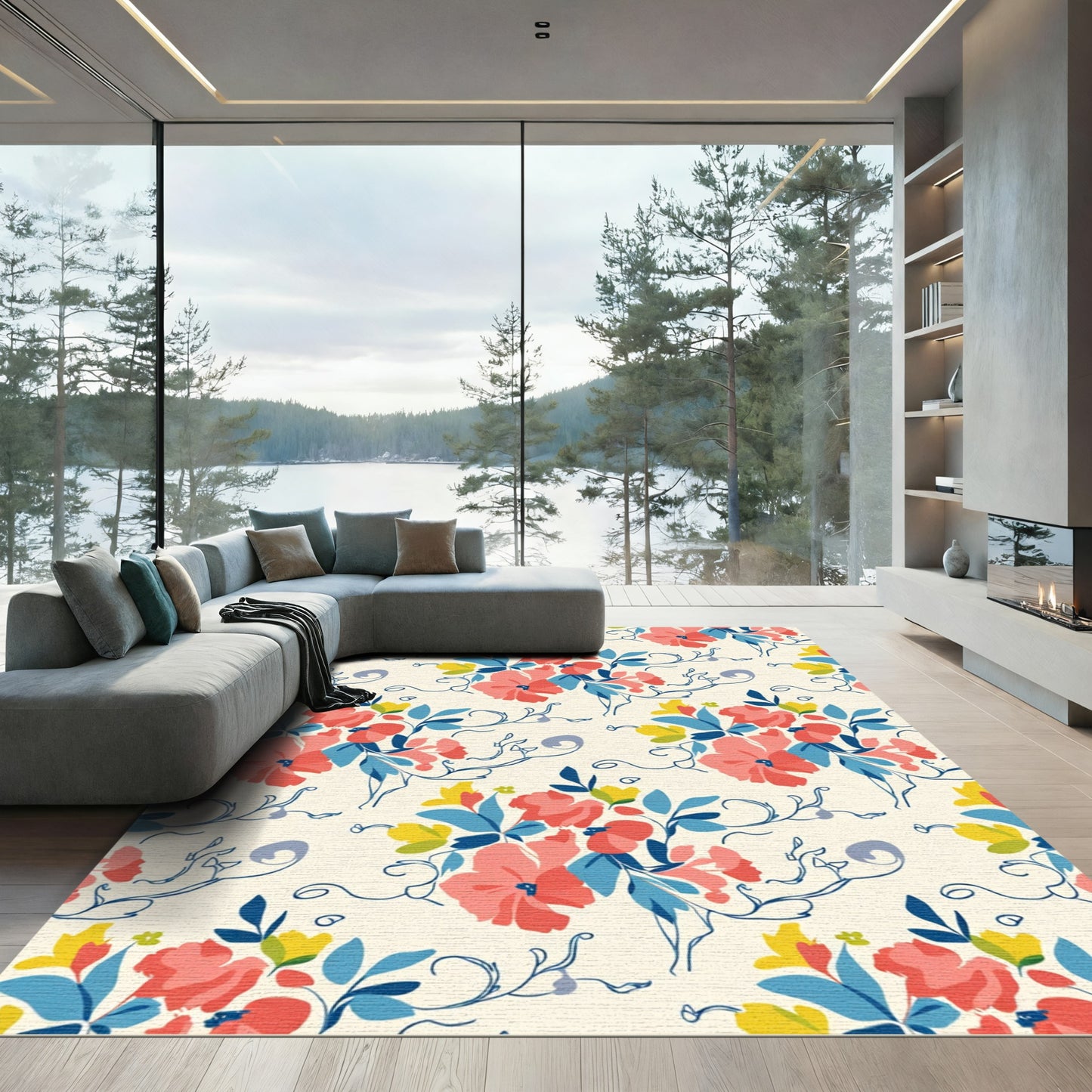 Coral Yellow Blue Floral Vine Rug
