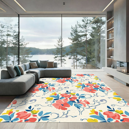 Coral Yellow Blue Floral Vine Rug