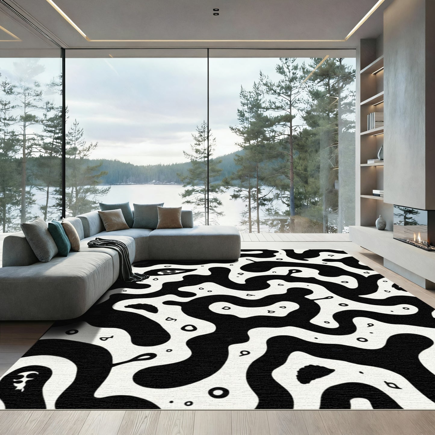 Monochrome Organic Swirls and Dots Rug