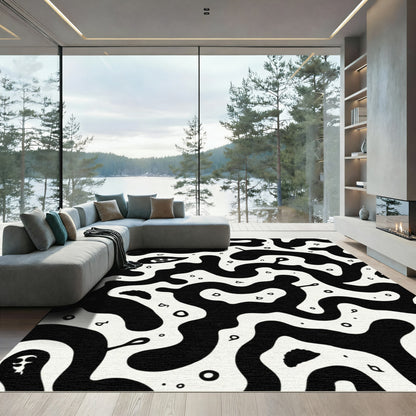 Monochrome Organic Swirls and Dots Rug