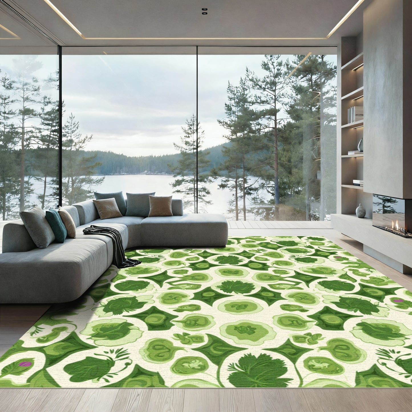 Emerald Green Floral Mandala Rug