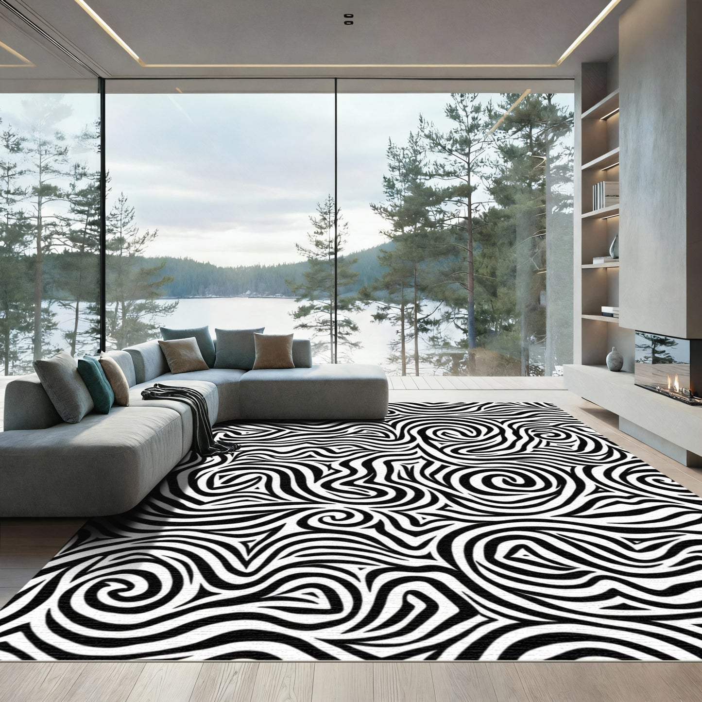Abstract Black White Swirl Rug