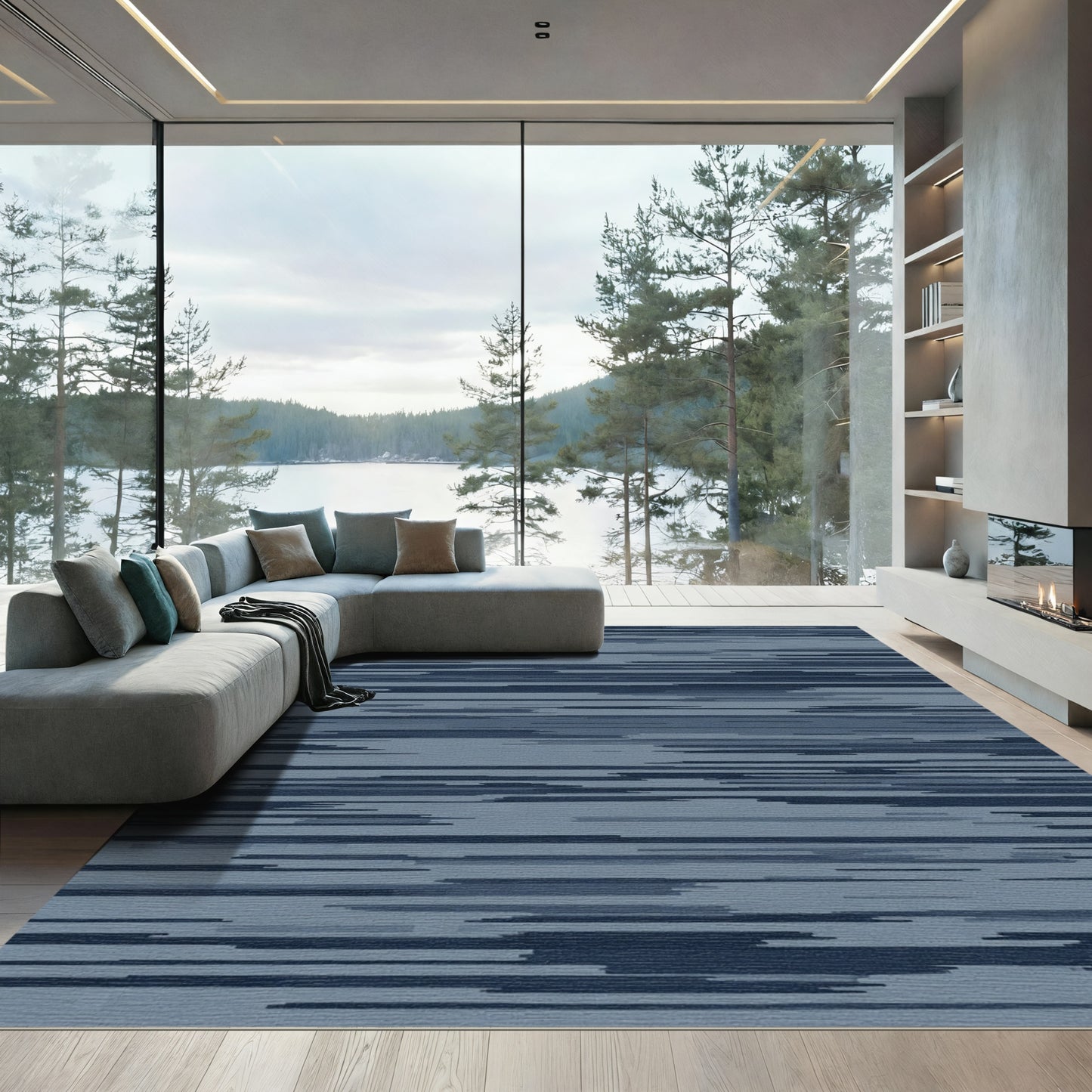 Horizontal Blue Camouflage Lines Rug