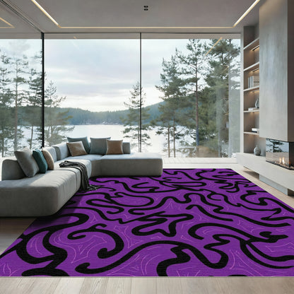 Vibrant Purple Black Swirls Abstraciton Rug