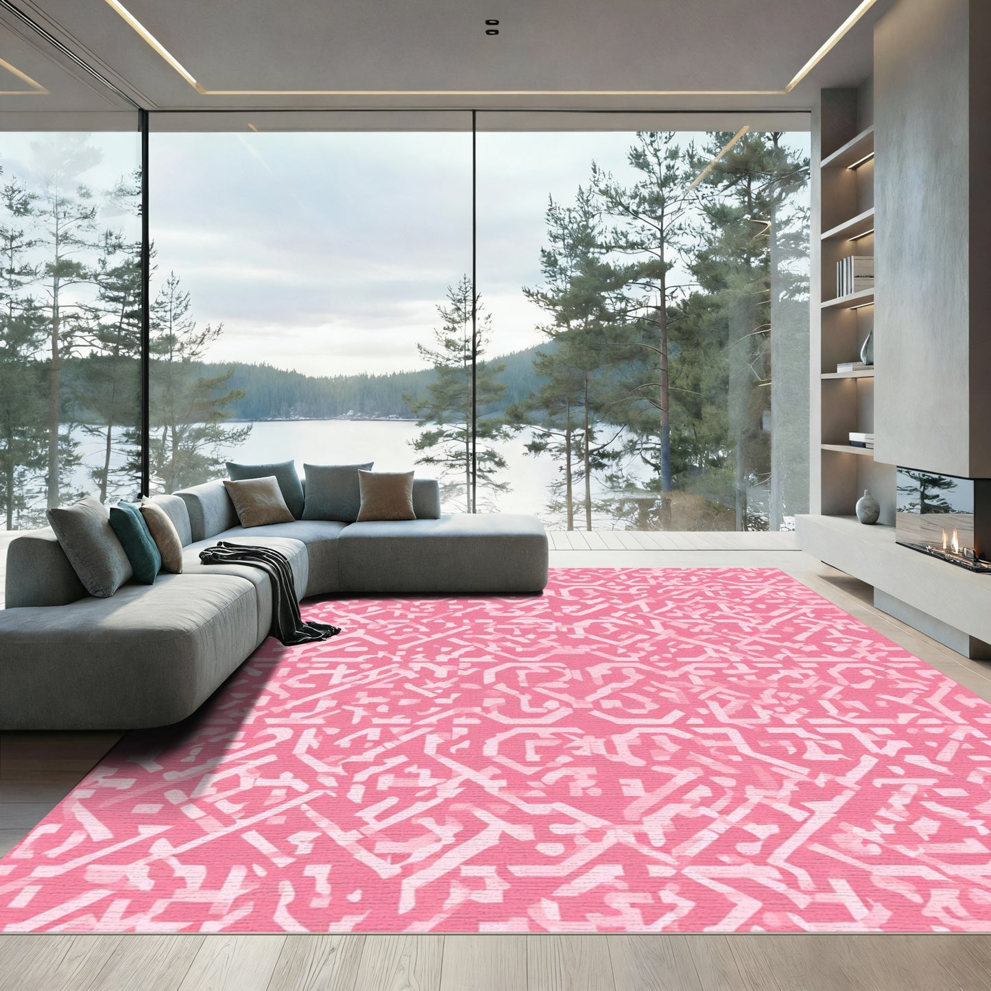 Pink White Abstract Geometric Overlay Rug