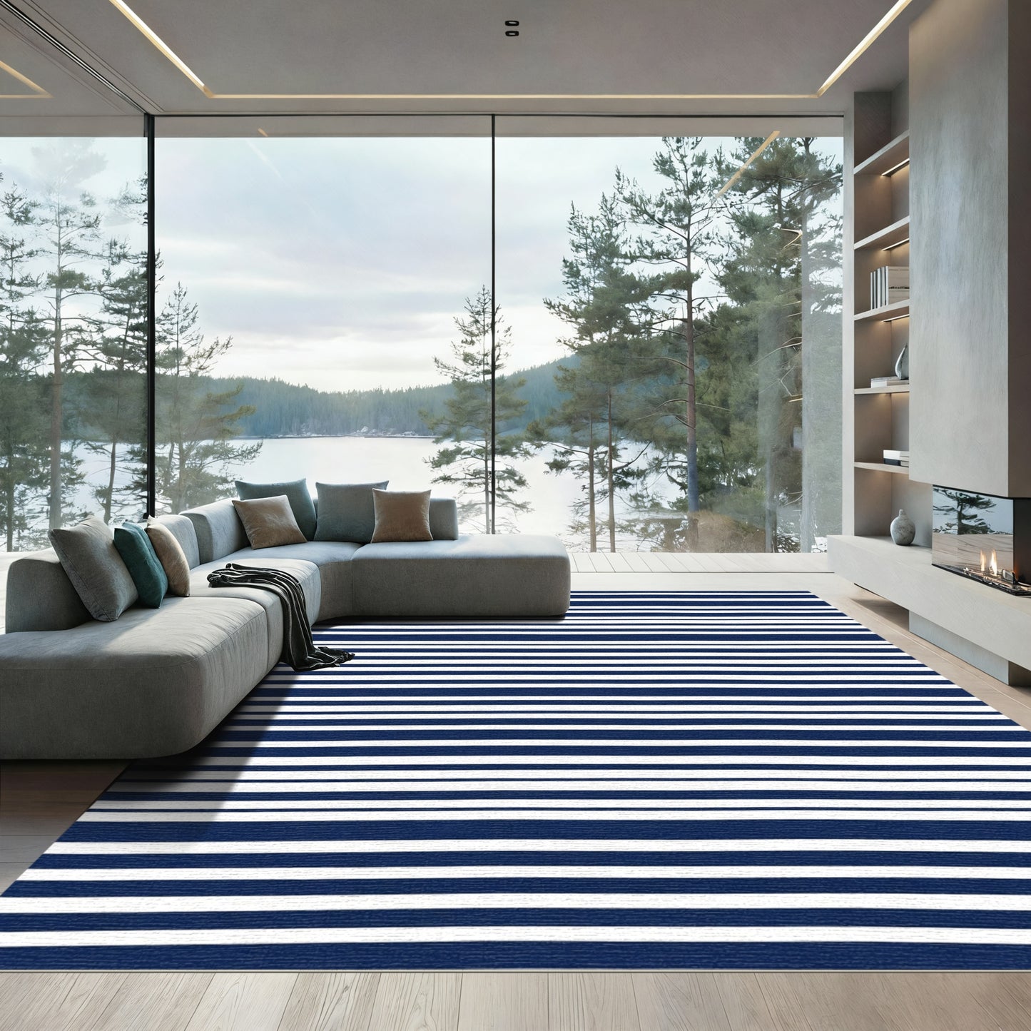 Navy White Thin Stripe Rug