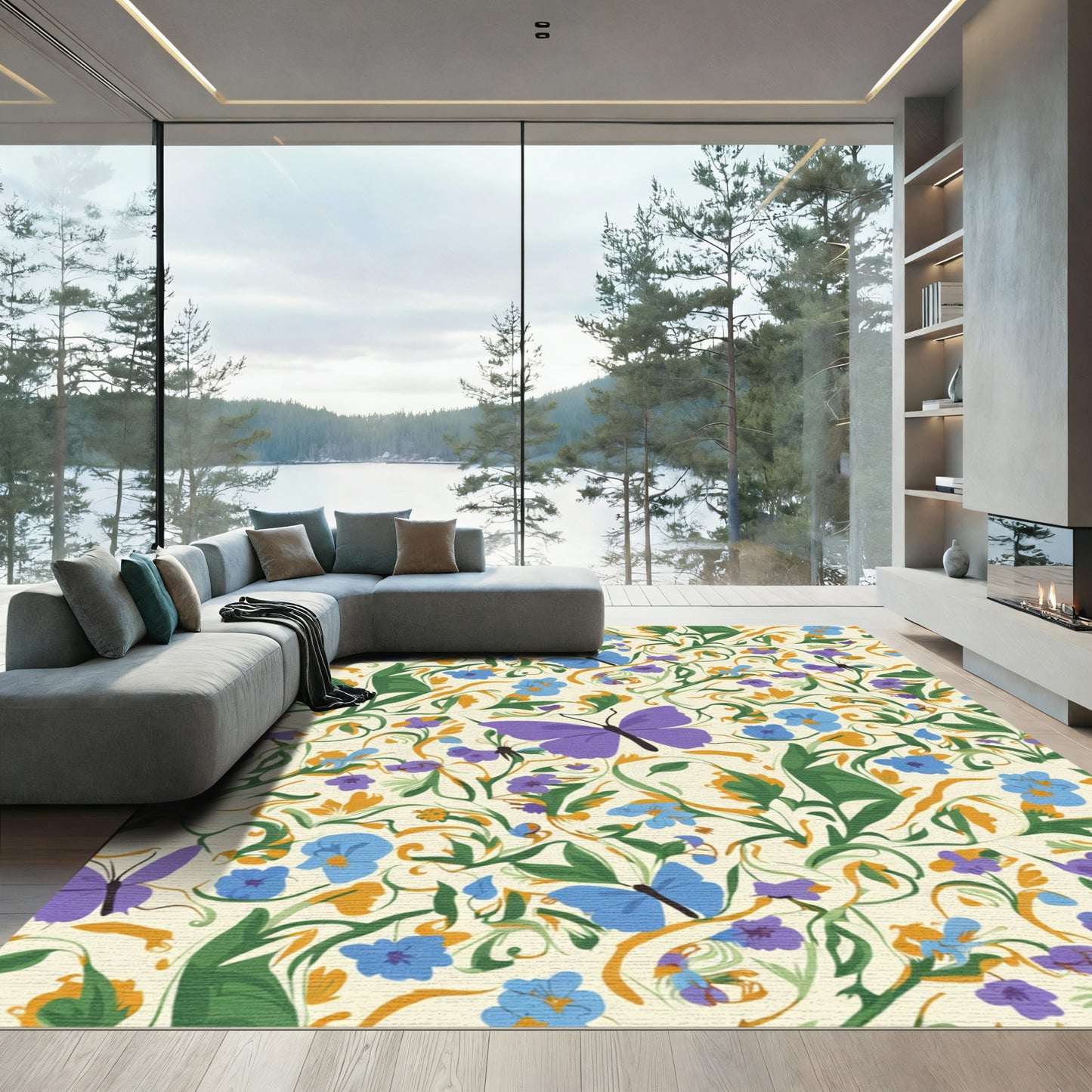 Vibrant Purple Butterfly Garden Floral Rug