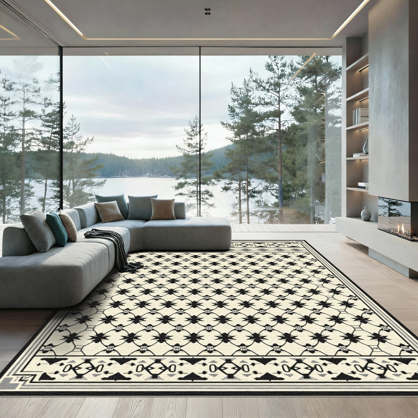 Neutral Cream Black Repeating Geometric Trellis Rug