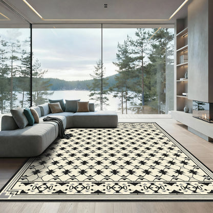 Neutral Cream Black Repeating Geometric Trellis Rug