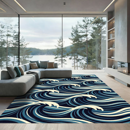 Classic Indigo Japanese Ocean Wave Rug