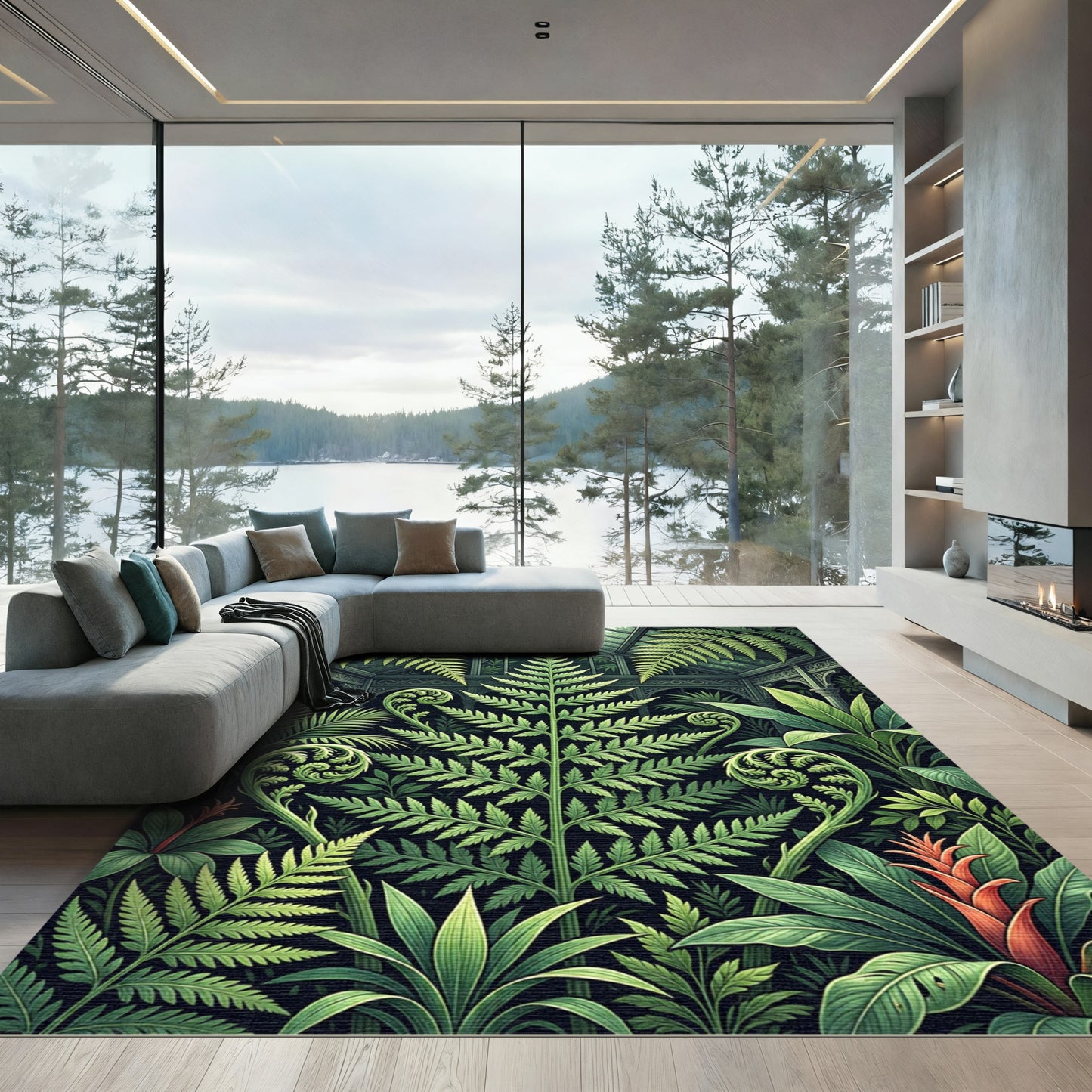Lush Botanical Fern Greenhouse Illustration Rug