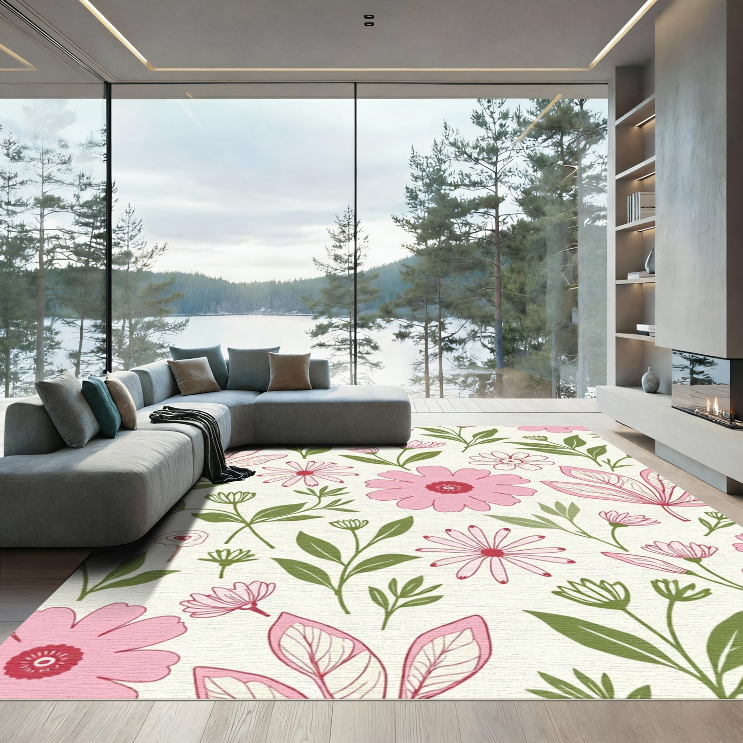Pink Bloom Floral Branches Rug