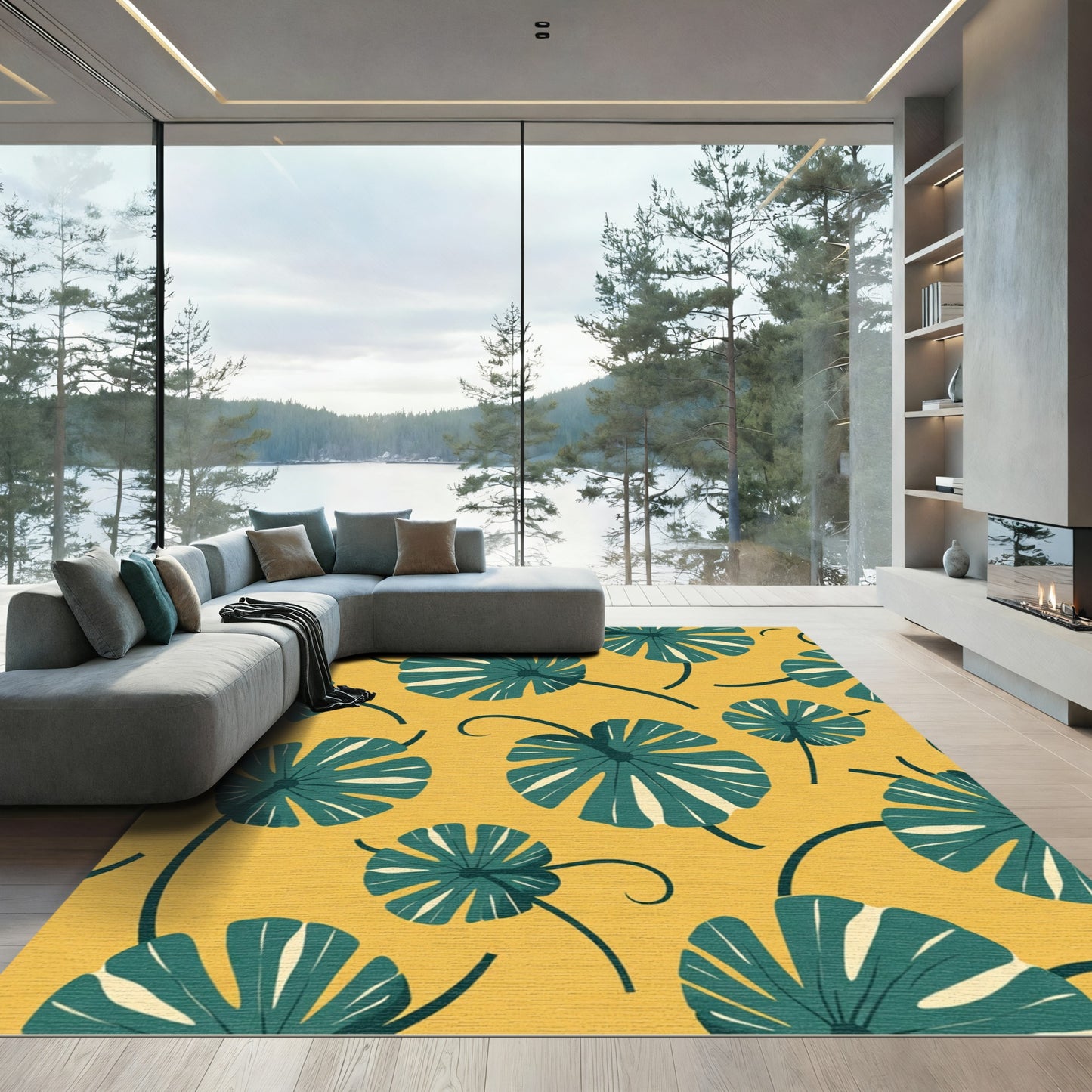 Teal Leaf Swirl Mustard Yellow Rug