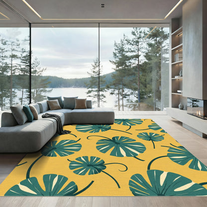 Teal Leaf Swirl Mustard Yellow Rug