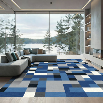 Blue Gray White Abstract Geometric Squares Rug