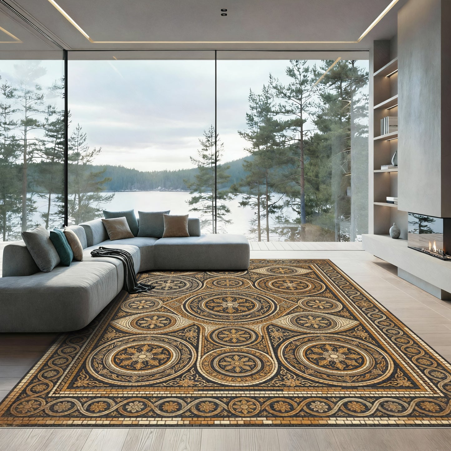 Intricate Gold Black Circular Bloom Arrangement Rug