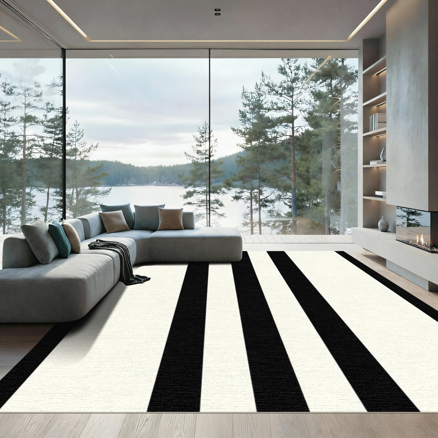 Modern Black Ivory Vertical Stripes Rug