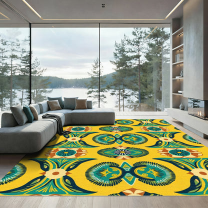 Rich Yellow Teal Floral Medallion Rug