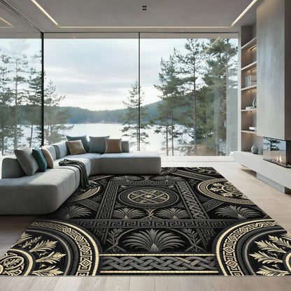 Ornate Gold Black Medallion Geometric Rug