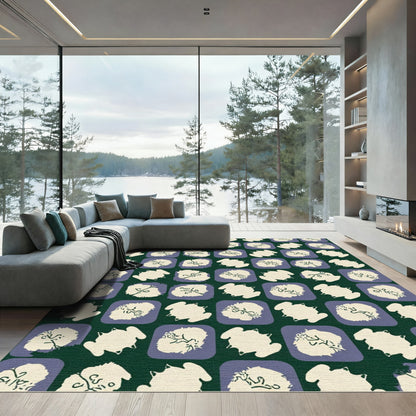 Dark Green Cream Purple Abstract Shapes Rug