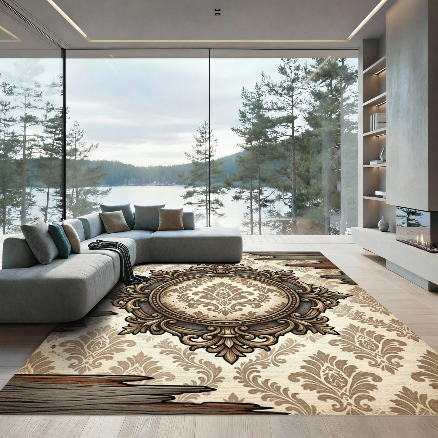 Ornate Damask Medallion Cream Gold Frame Rug