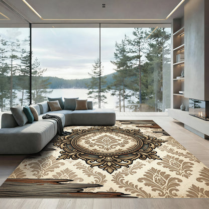 Ornate Damask Medallion Cream Gold Frame Rug