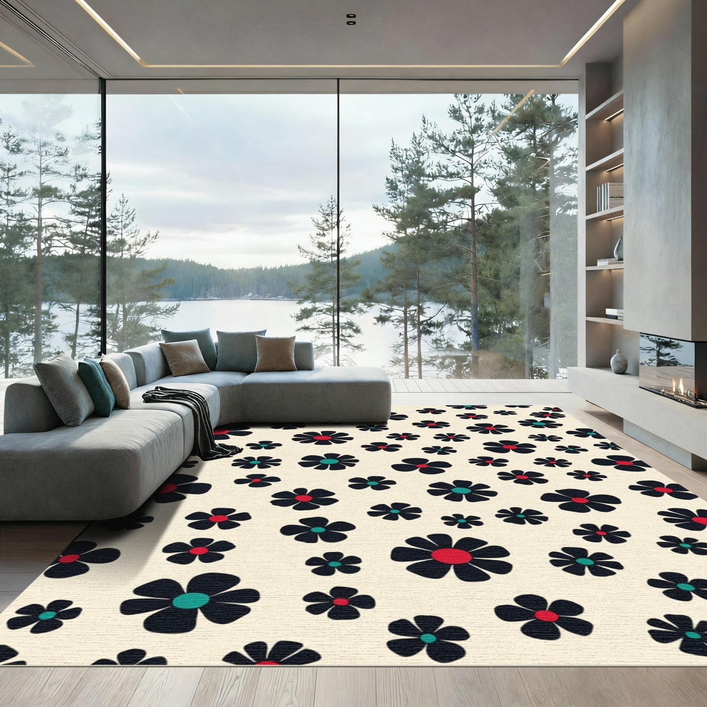 Abstract Black Flower Scatter Rug