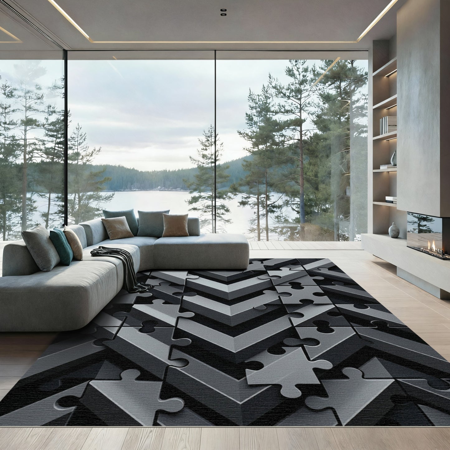 Monochrome Puzzle Piece Chevron Rug
