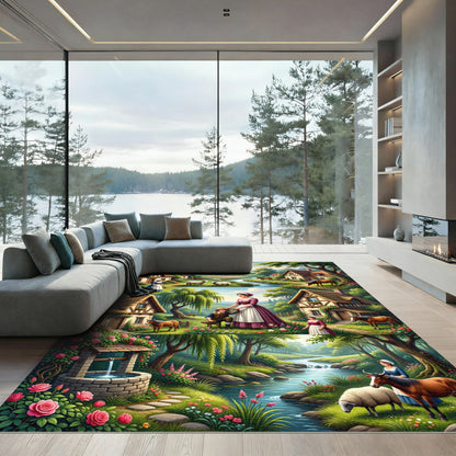 Pastoral Village Scene River Wildlife Rug