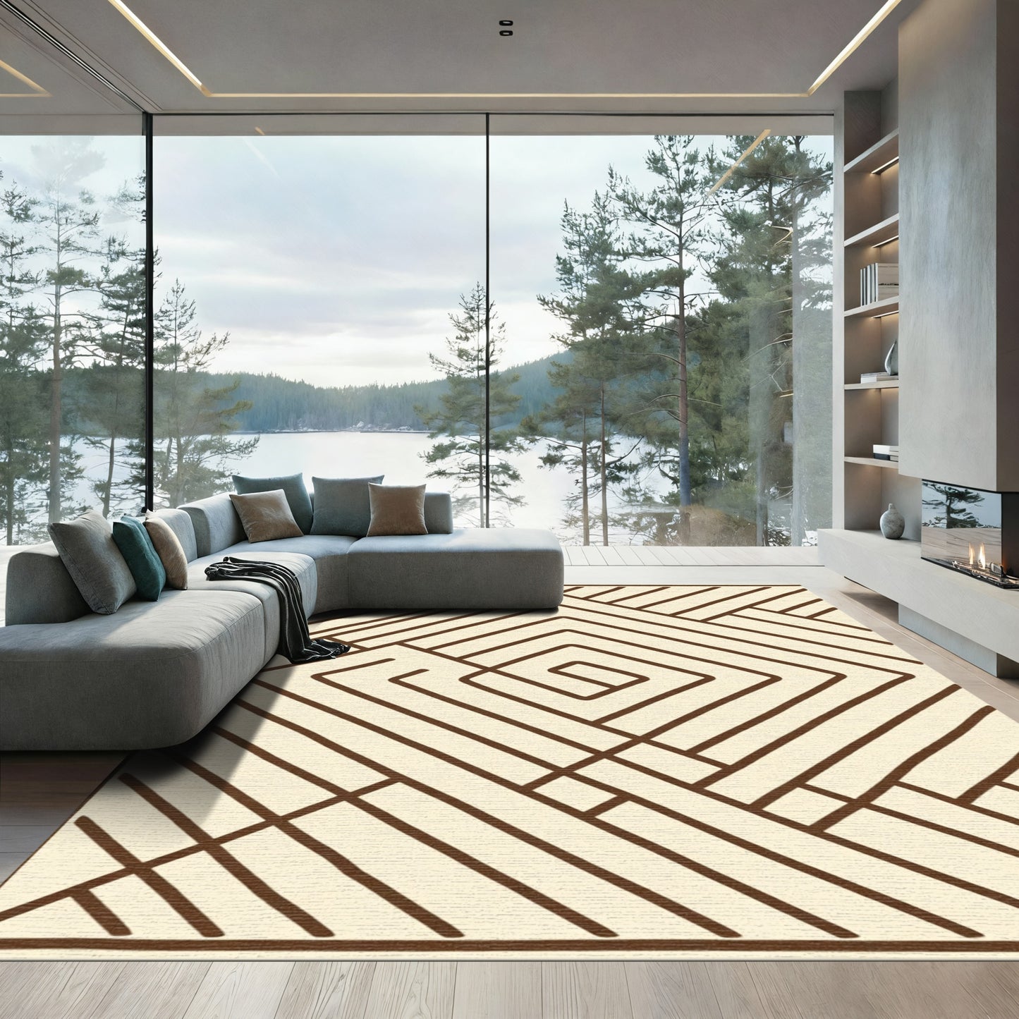 Cream and Brown Linear Maze Rhombus Rug