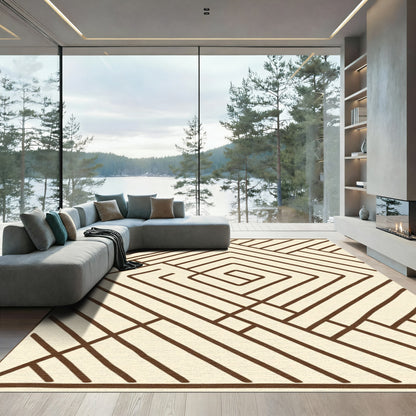Cream and Brown Linear Maze Rhombus Rug